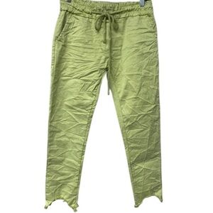 Distressed hem, Italian drawstring joggers.